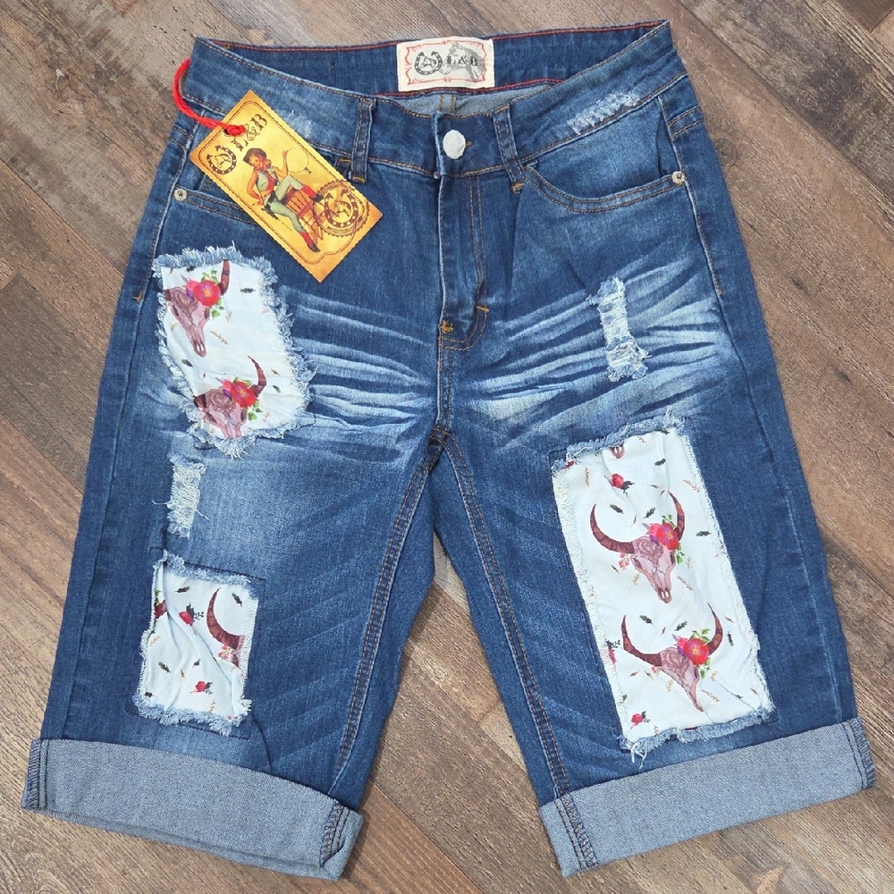 L&B Blue Jean Shorts with White and Red Accents